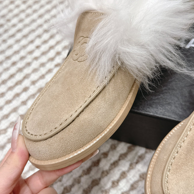 CHANEL 25S LOAFERS MOCCASIN IN BEIGE SUEDE WITH WHITE MINK FUR LINING