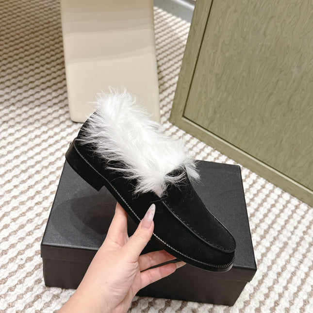 CHANEL 25S LOAFERS MOCCASIN IN BLACK SUEDE WITH WHITE MINK FUR LINING