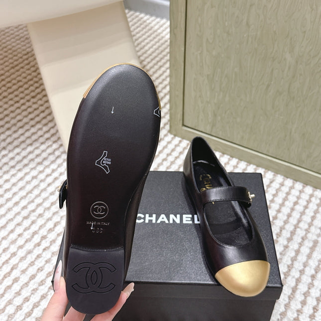 CHANEL 25S MARY JANE FLAT IN BLACK LAMBSKIN WITH YELLOW CAP TOE GOLD HARDWARE