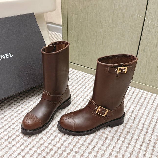 CHANEL 25S CALF-HIGH CHELSEA BOOTS IN BROWN CALFSKIN GOLD HARDWARE