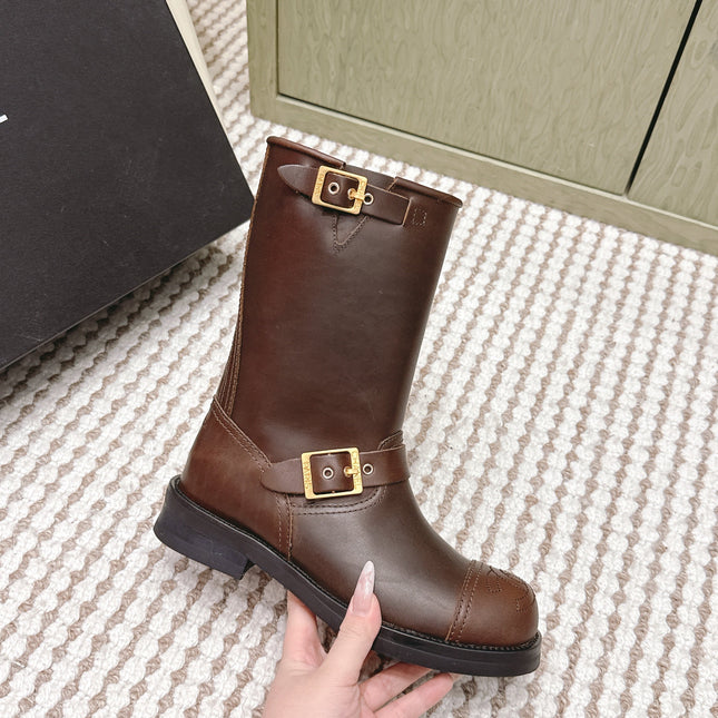 CHANEL 25S CALF-HIGH CHELSEA BOOTS IN BROWN CALFSKIN GOLD HARDWARE