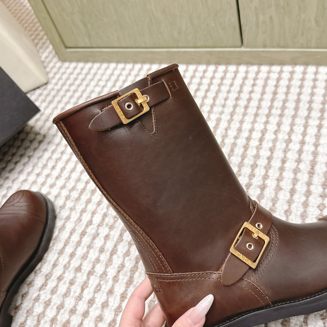 CHANEL 25S CALF-HIGH CHELSEA BOOTS IN BROWN CALFSKIN GOLD HARDWARE