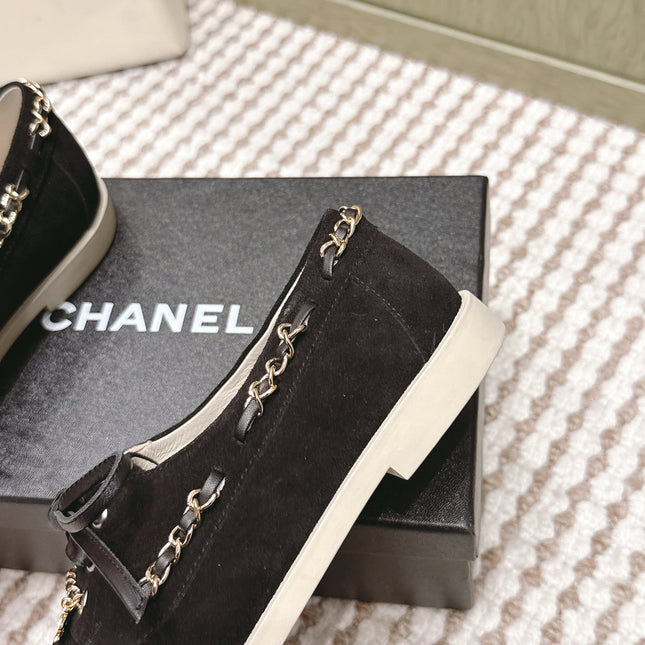 CHANEL 25S MOCCASINS IN BLACK AND LIGHT GREY SUEDE