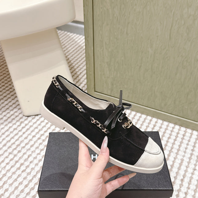 CHANEL 25S MOCCASINS IN BLACK AND LIGHT GREY SUEDE