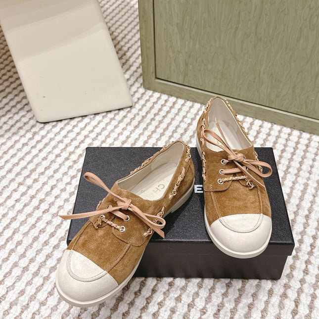 CHANEL 25S MOCCASINS IN BROWN AND LIGHT GREY SUEDE