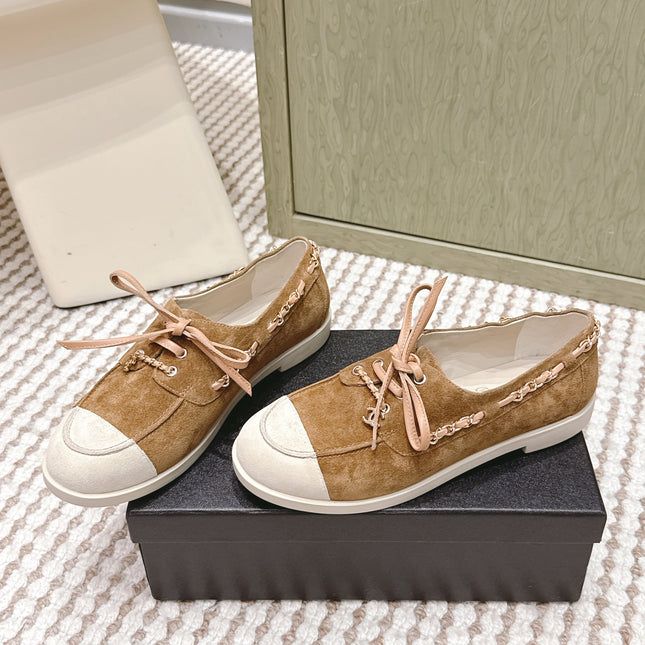 CHANEL 25S MOCCASINS IN BROWN AND LIGHT GREY SUEDE