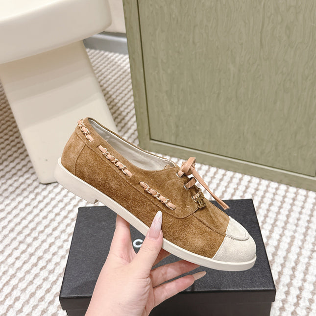 CHANEL 25S MOCCASINS IN BROWN AND LIGHT GREY SUEDE