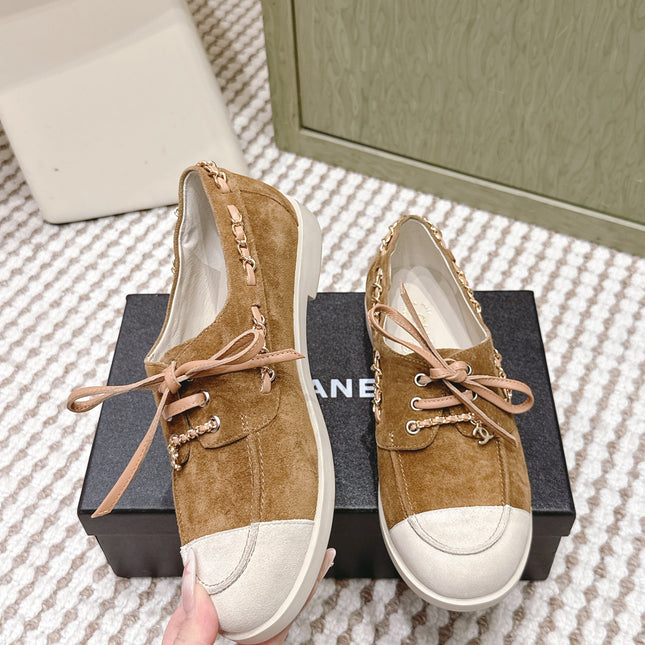 CHANEL 25S MOCCASINS IN BROWN AND LIGHT GREY SUEDE