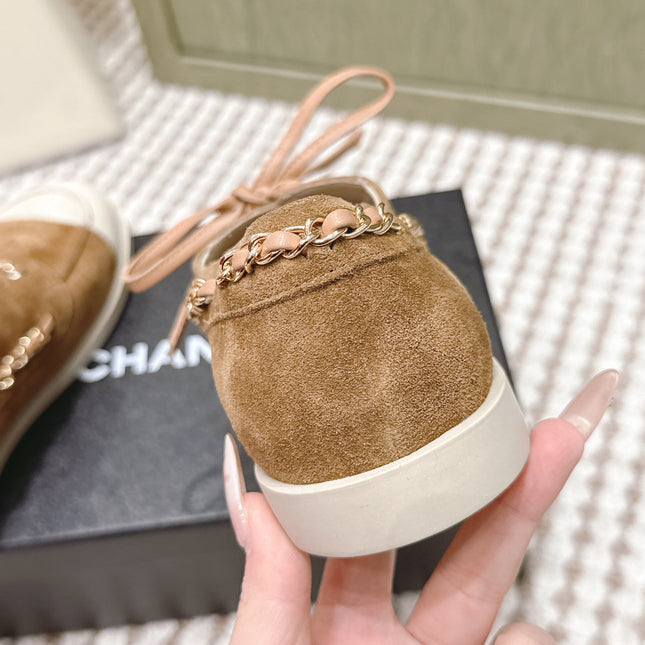 CHANEL 25S MOCCASINS IN BROWN AND LIGHT GREY SUEDE