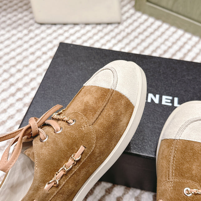 CHANEL 25S MOCCASINS IN BROWN AND LIGHT GREY SUEDE