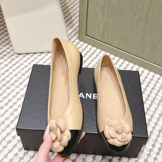 CHANEL 25S BALLET FLAT ROUND TOE IN BEIGE AND BLACK SHEEPSKIN WITH CAMELLIA