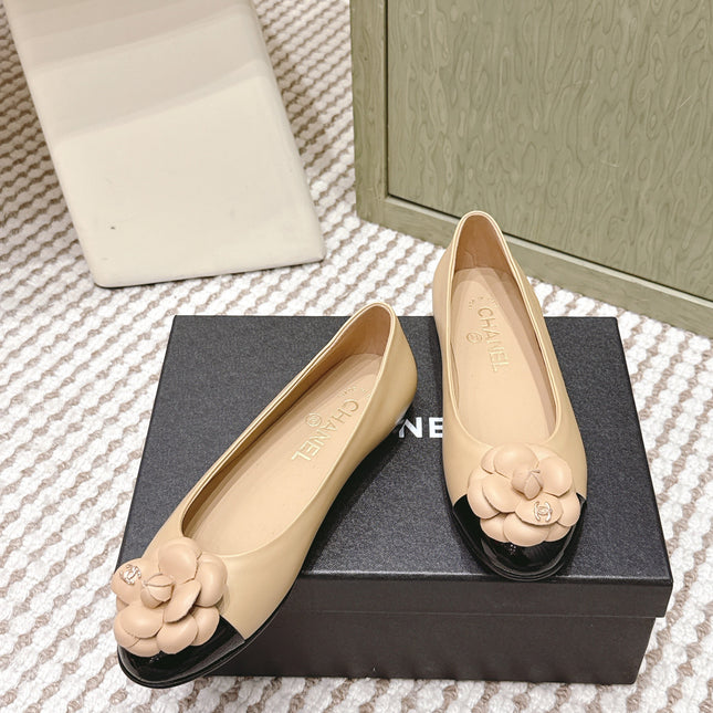 CHANEL 25S BALLET FLAT ROUND TOE IN BEIGE AND BLACK SHEEPSKIN WITH CAMELLIA