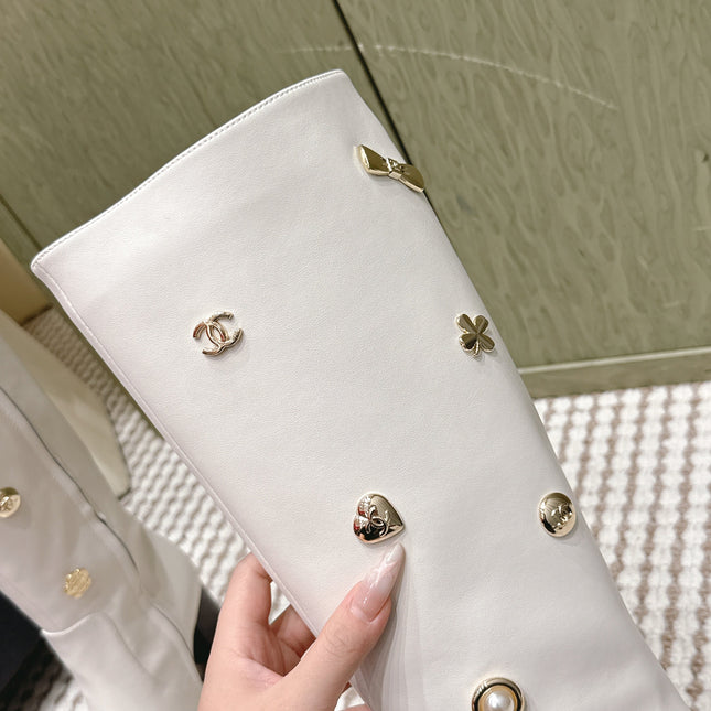 CHANEL 25S KNEE-HIGH BOOTS IN WHITE CALFSKIN WITH RHINESTONES