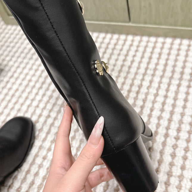 CHANEL 25S KNEE-HIGH BOOTS IN BLACK CALFSKIN WITH RHINESTONES