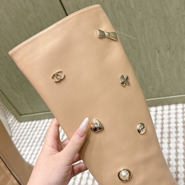 CHANEL 25S KNEE-HIGH BOOTS IN BEIGE CALFSKIN WITH RHINESTONES