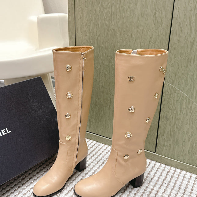 CHANEL 25S KNEE-HIGH BOOTS IN BEIGE CALFSKIN WITH RHINESTONES
