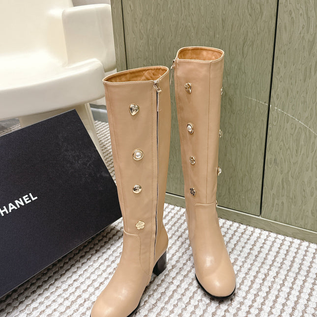 CHANEL 25S KNEE-HIGH BOOTS IN BEIGE CALFSKIN WITH RHINESTONES
