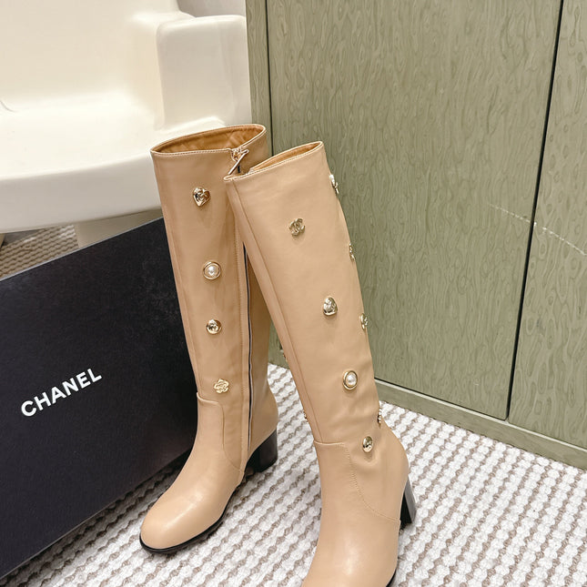 CHANEL 25S KNEE-HIGH BOOTS IN BEIGE CALFSKIN WITH RHINESTONES