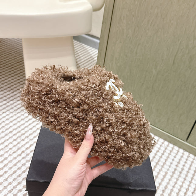 CHANEL 25S CLASSIC FURRY SLIDES IN BROWN WITH DOUBLE C LOGO