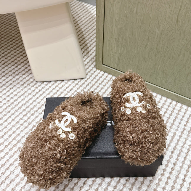 CHANEL 25S CLASSIC FURRY SLIDES IN BROWN WITH DOUBLE C LOGO