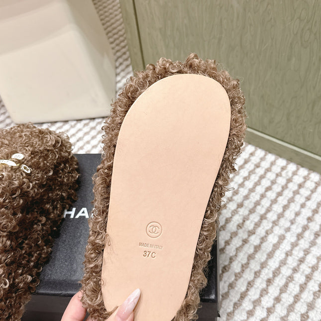 CHANEL 25S CLASSIC FURRY SLIDES IN BROWN WITH DOUBLE C LOGO