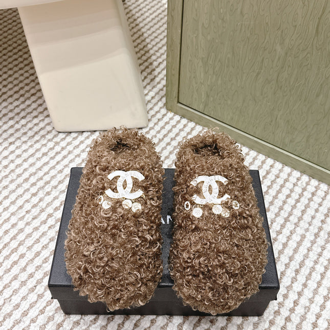 CHANEL 25S CLASSIC FURRY SLIDES IN BROWN WITH DOUBLE C LOGO