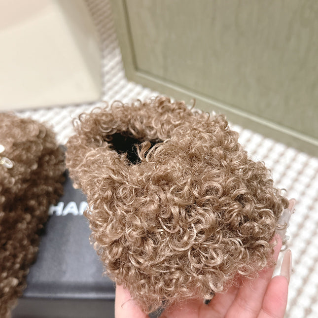 CHANEL 25S CLASSIC FURRY SLIDES IN BROWN WITH DOUBLE C LOGO