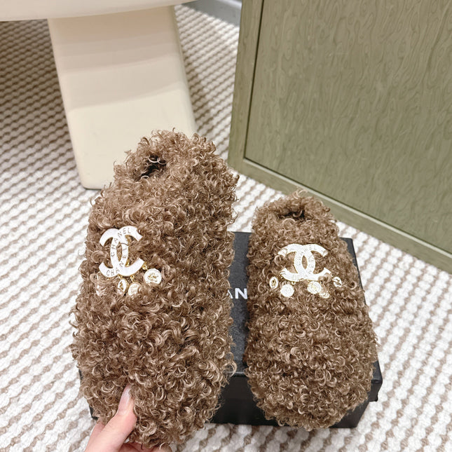 CHANEL 25S CLASSIC FURRY SLIDES IN BROWN WITH DOUBLE C LOGO