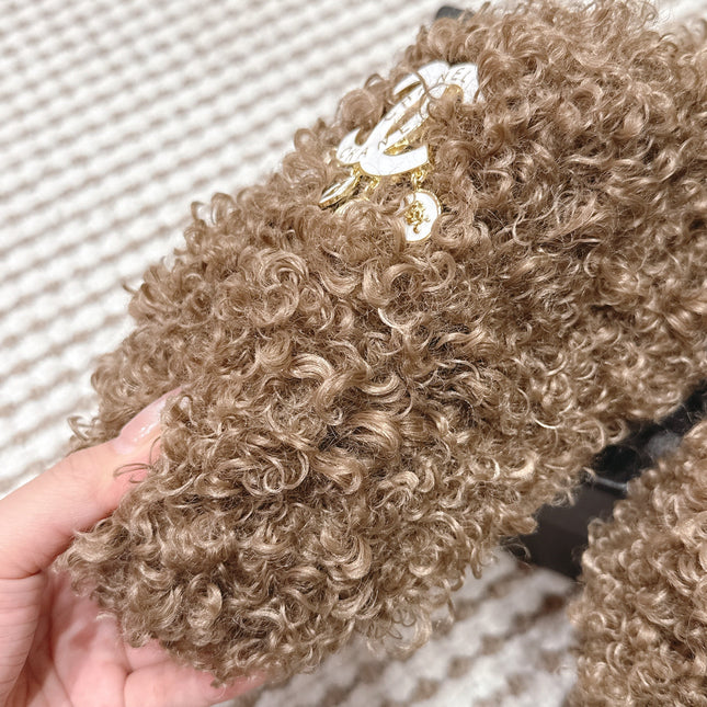 CHANEL 25S CLASSIC FURRY SLIDES IN BROWN WITH DOUBLE C LOGO