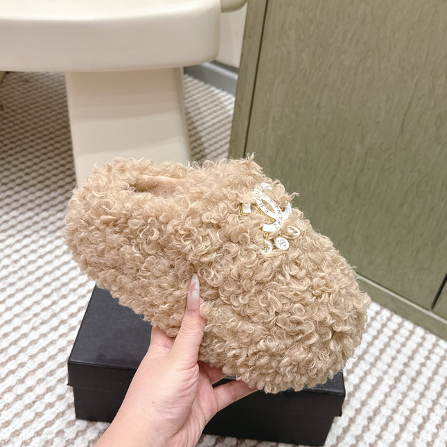 CHANEL 25S CLASSIC FURRY SLIDES IN LIGHT BROWN WITH DOUBLE C LOGO