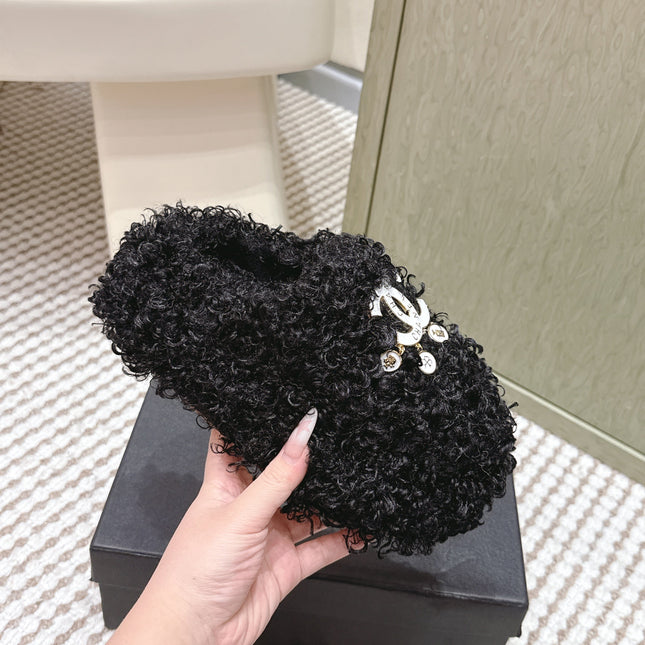 CHANEL 25S CLASSIC FURRY SLIDES IN BLACK WITH DOUBLE C LOGO