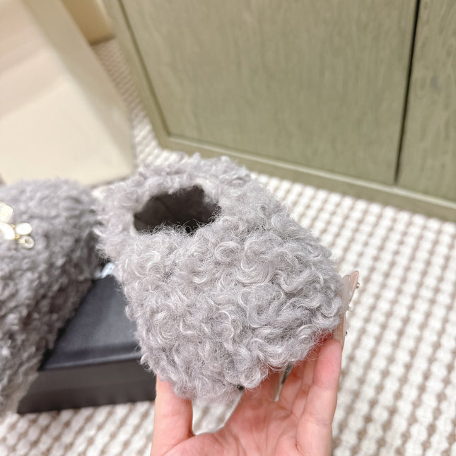 CHANEL 25S CLASSIC FURRY SLIDES IN GRAY WITH DOUBLE C LOGO