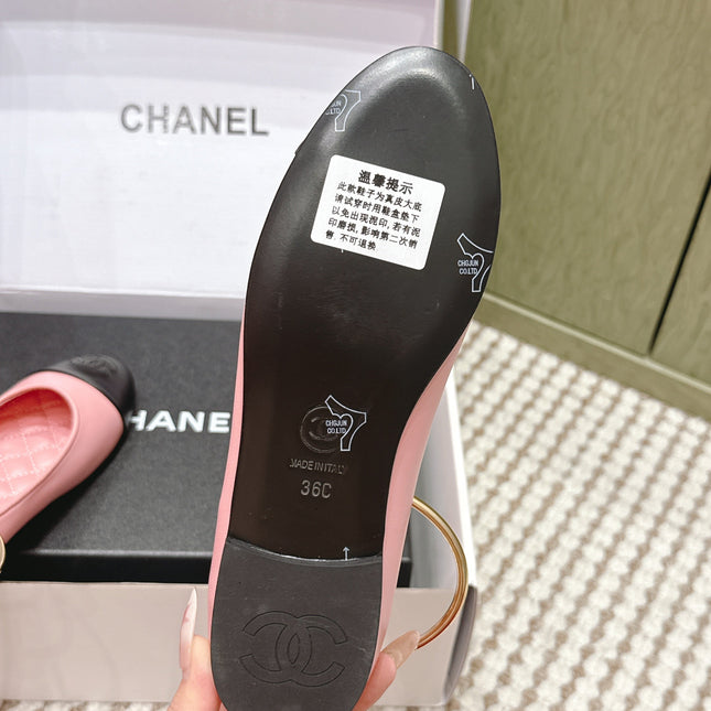 CHANEL 25S BALLERINA SHOES IN PINK AND BLACK CALFSKIN GOLD HARDWARE