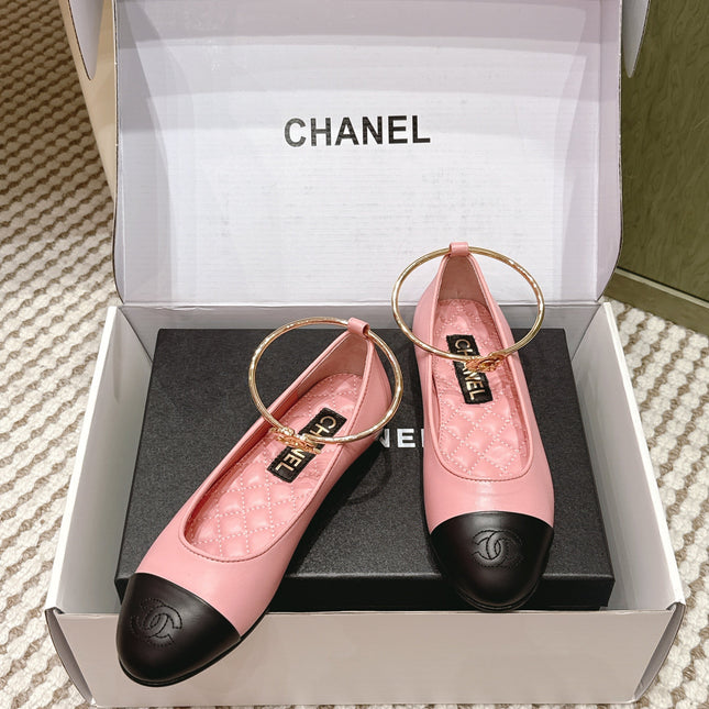 CHANEL 25S BALLERINA SHOES IN PINK AND BLACK CALFSKIN GOLD HARDWARE