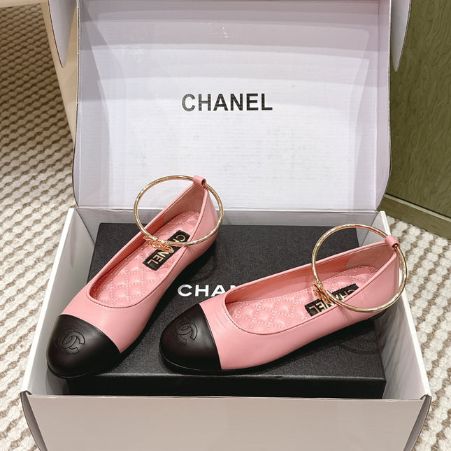 CHANEL 25S BALLERINA SHOES IN PINK AND BLACK CALFSKIN GOLD HARDWARE