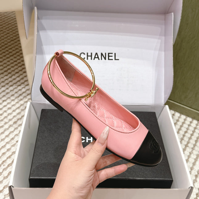 CHANEL 25S BALLERINA SHOES IN PINK AND BLACK CALFSKIN GOLD HARDWARE
