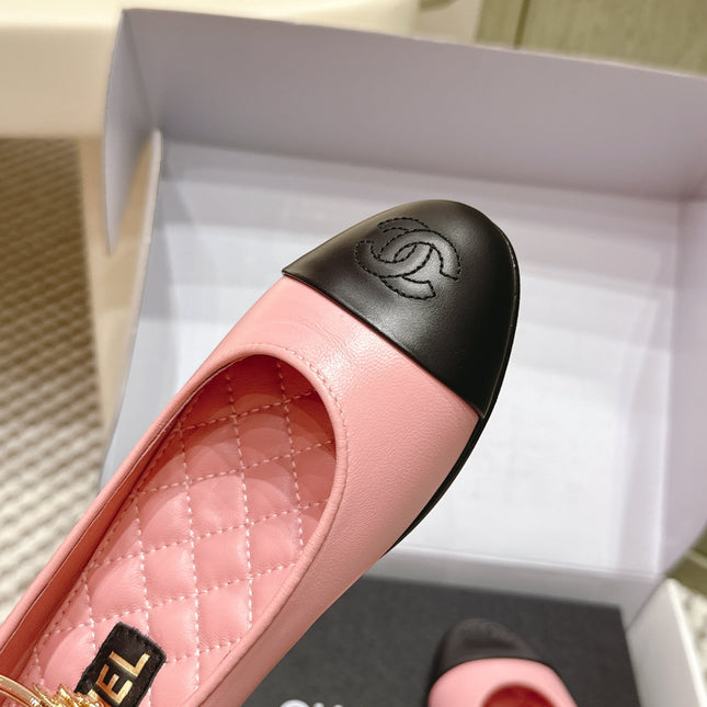 CHANEL 25S BALLERINA SHOES IN PINK AND BLACK CALFSKIN GOLD HARDWARE