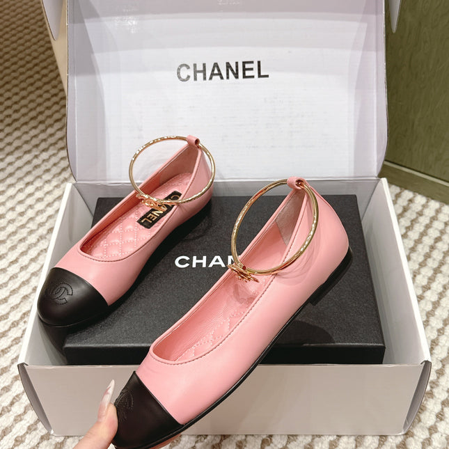 CHANEL 25S BALLERINA SHOES IN PINK AND BLACK CALFSKIN GOLD HARDWARE