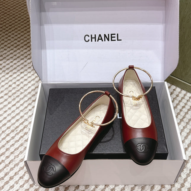 CHANEL 25S BALLERINA SHOES IN MAROON RED AND BLACK CALFSKIN GOLD HARDWARE