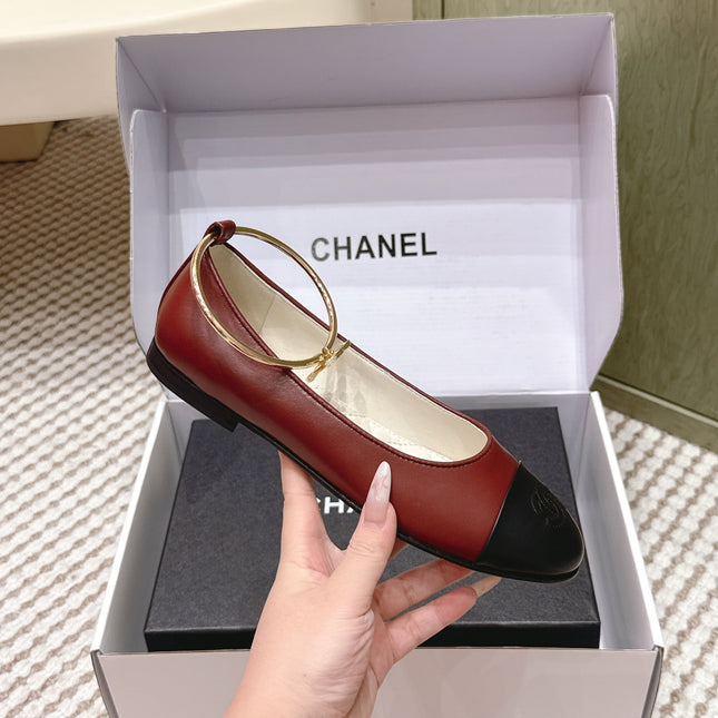 CHANEL 25S BALLERINA SHOES IN MAROON RED AND BLACK CALFSKIN GOLD HARDWARE