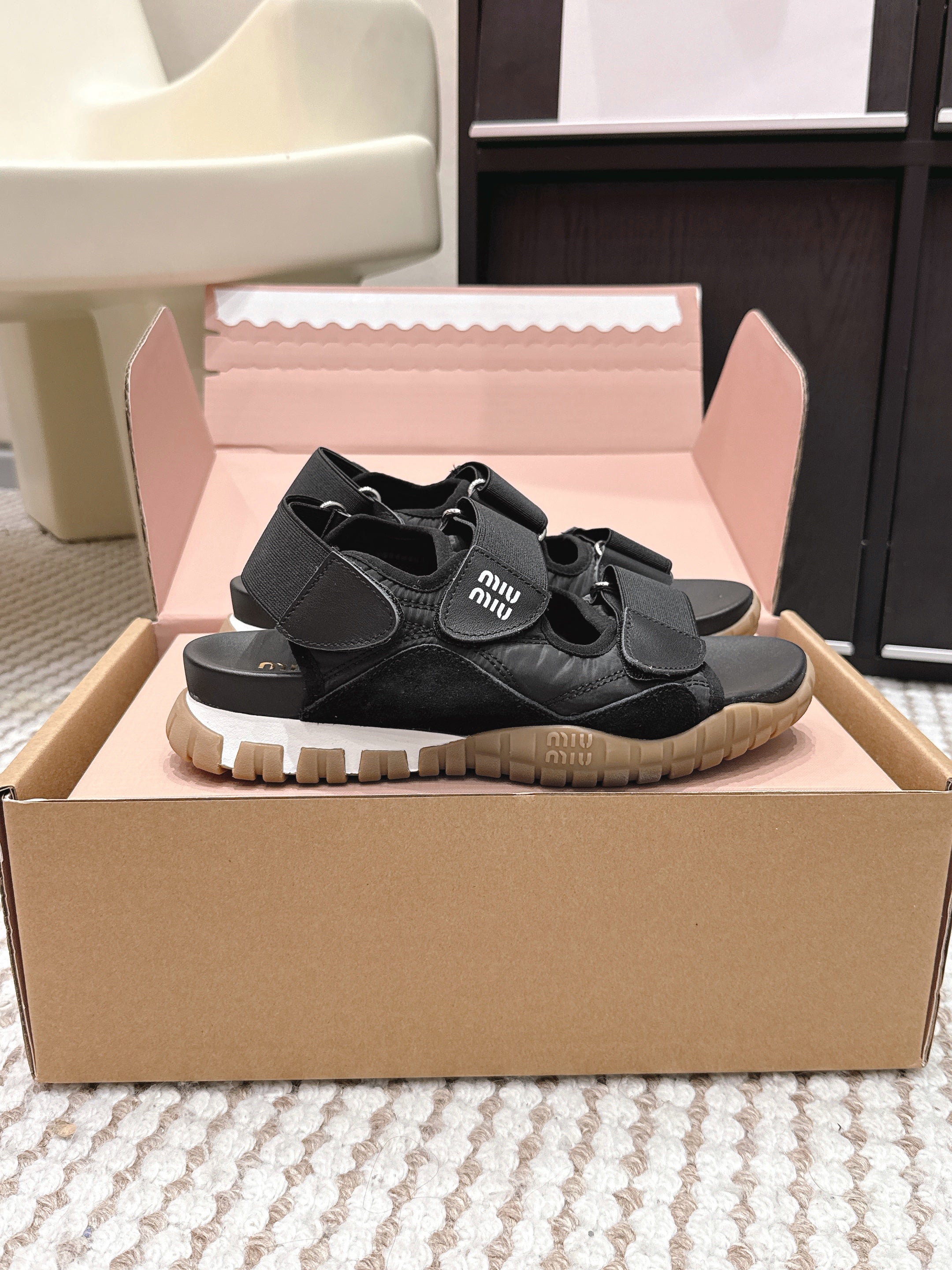 MIUMIU 26S VELCRO SANDALS IN BLACK CALFSKIN AND NYLON SILVER HARDWARE