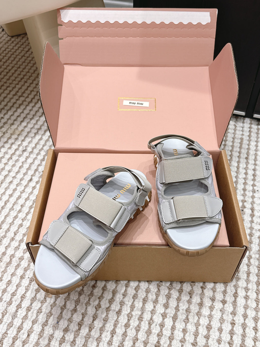 MIUMIU 26S VELCRO SANDALS IN GRAY CALFSKIN AND NYLON SILVER HARDWARE