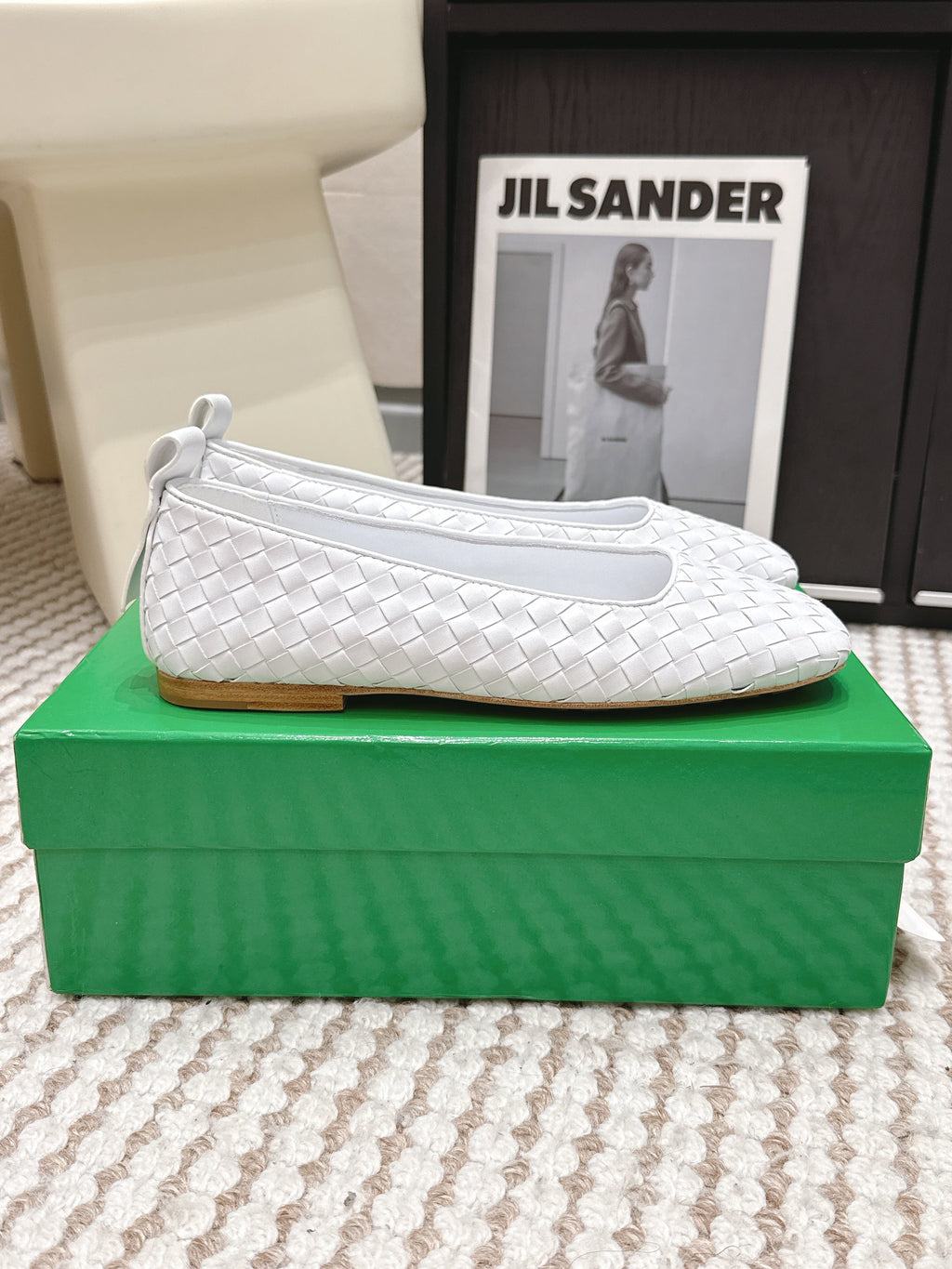 BOTTEGA VENETA 26S SQUARE-TOE FLATS IN WHITE TECHNICAL WOVEN LAMBSKIN
