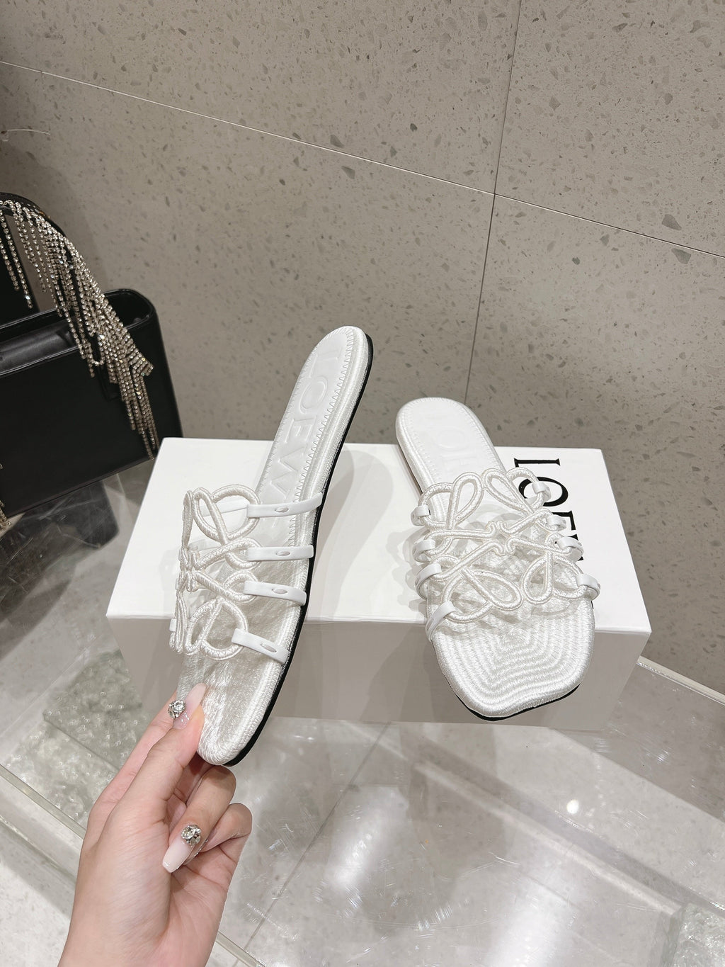 LOEWE 26S BRAIDED CAGE SLIDE SANDALS IN WHITE CALFSKIN