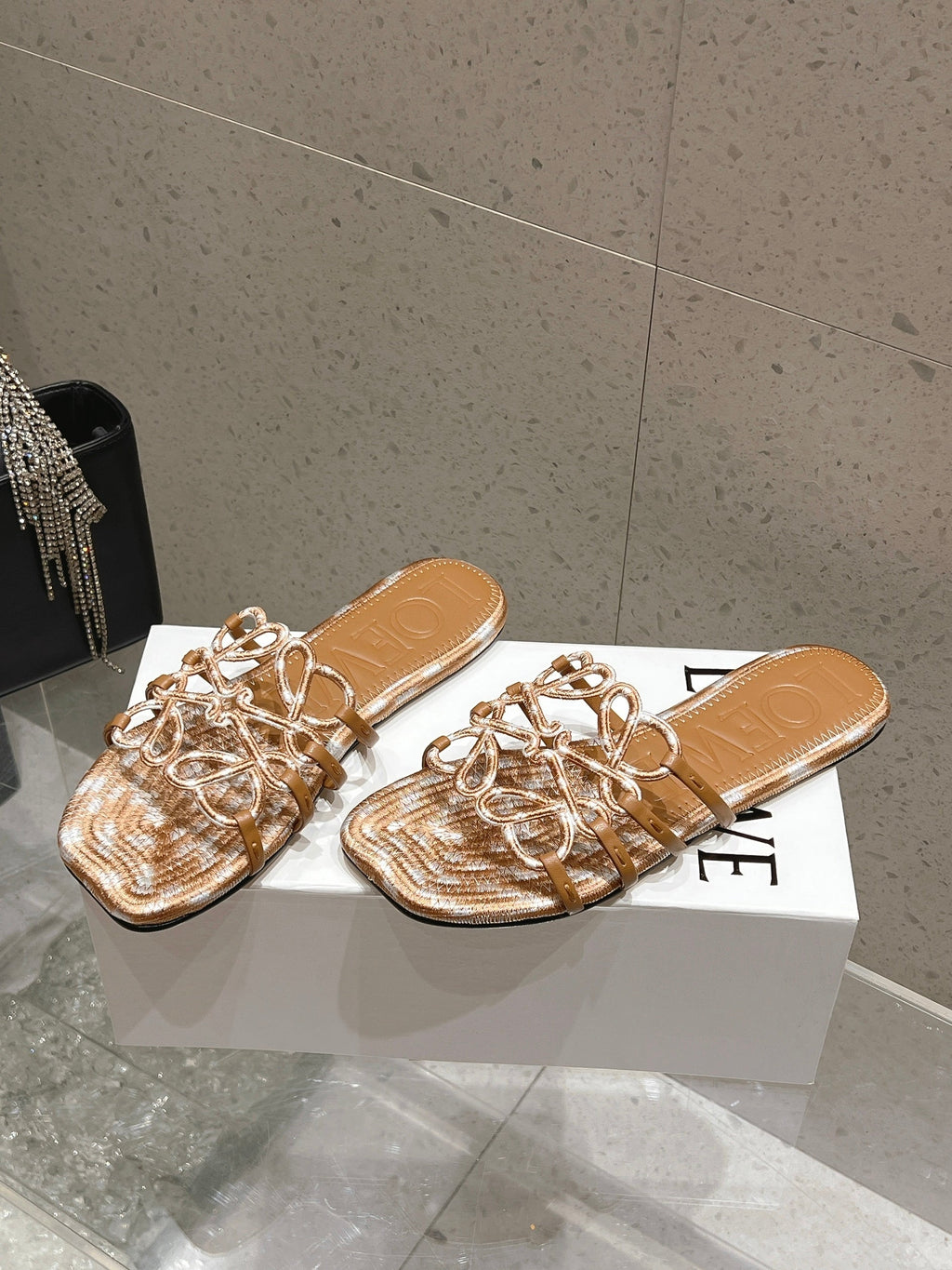 LOEWE 26S BRAIDED CAGE SLIDE SANDALS IN TAN BROWN CALFSKIN