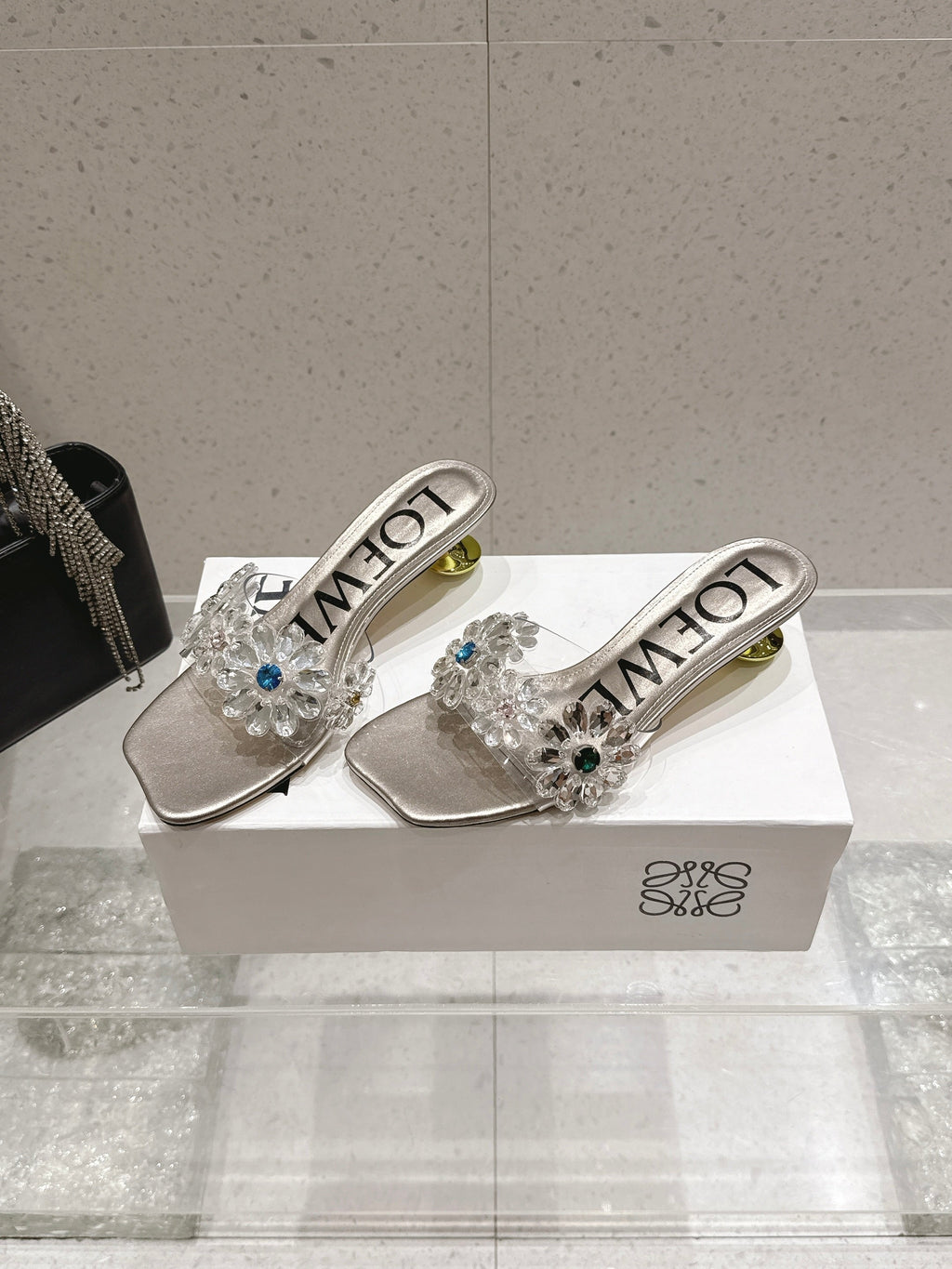 LOEWE 26S MULE HEELS 45MM IN LIGHT GREY PVC WITH CRYSTAL FLORAL