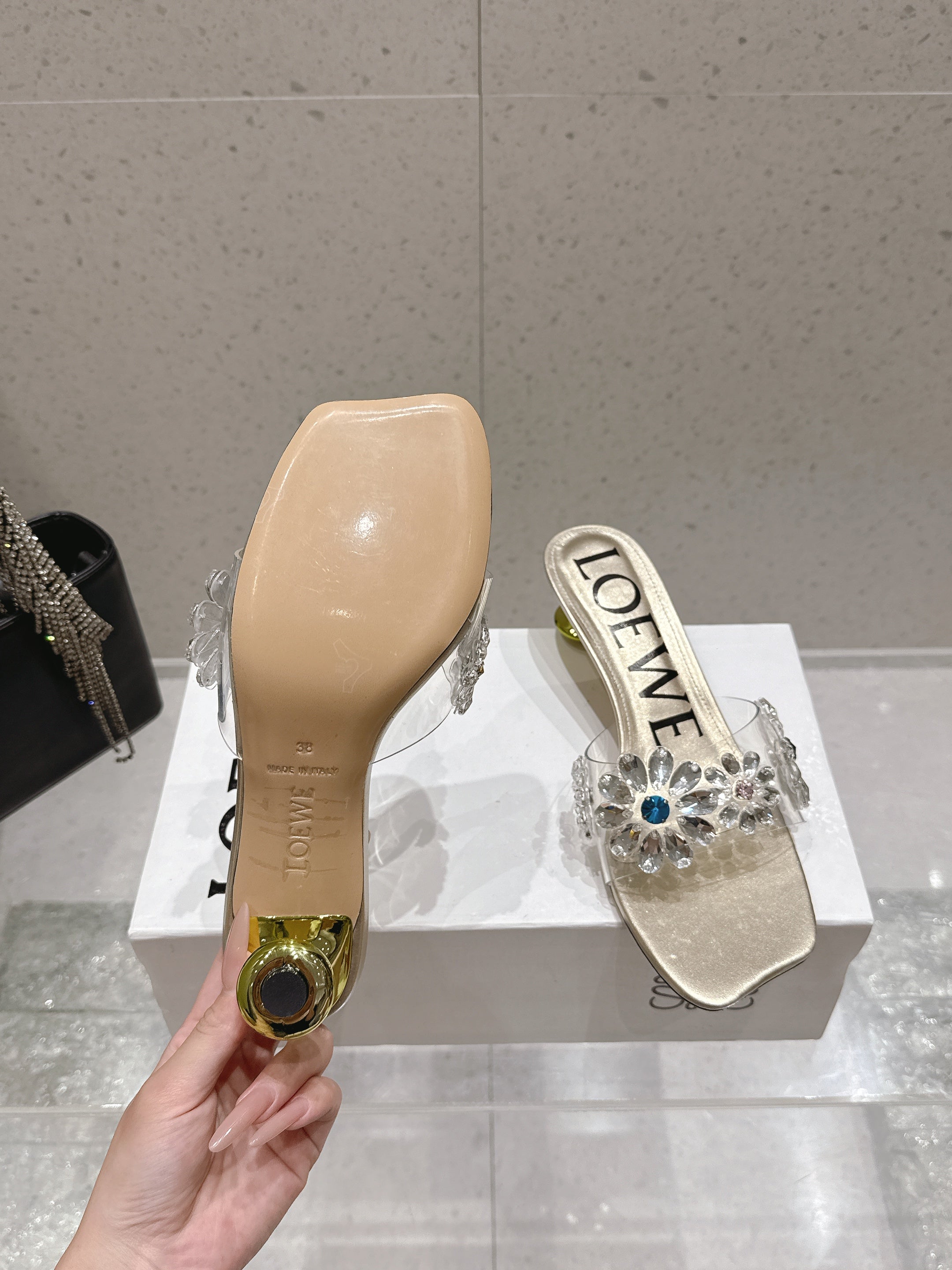 LOEWE 26S MULE HEELS 45MM IN GOLD PVC WITH CRYSTAL FLORAL