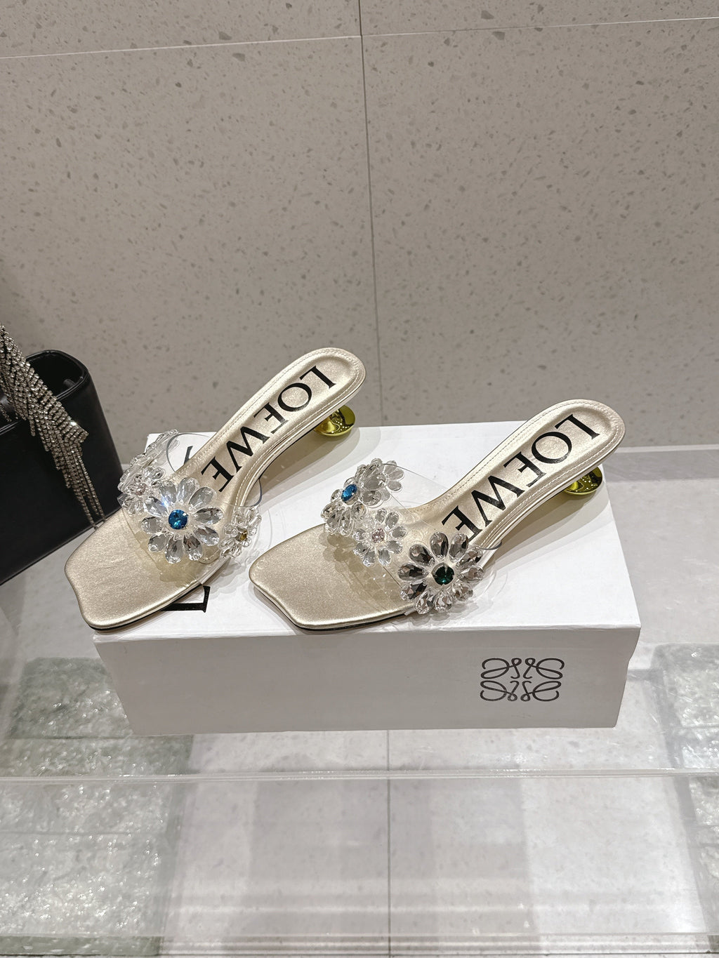 LOEWE 26S MULE HEELS 45MM IN GOLD PVC WITH CRYSTAL FLORAL