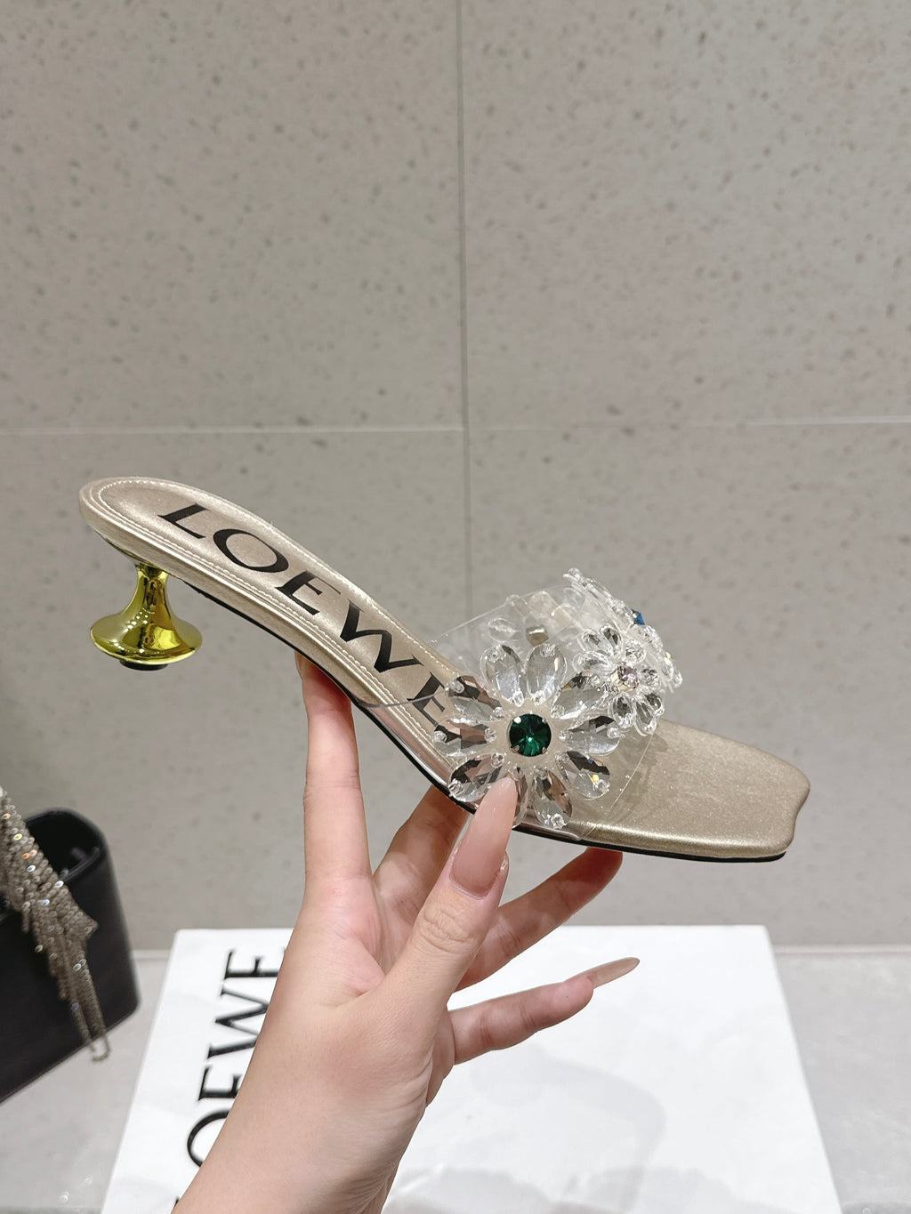 LOEWE 26S MULE HEELS 45MM IN GOLD PVC WITH CRYSTAL FLORAL