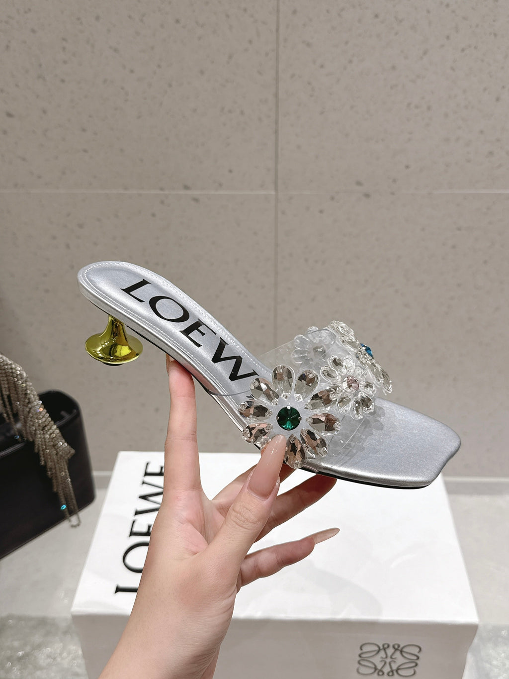 LOEWE 26S MULE HEELS 45MM IN SILVER PVC WITH CRYSTAL FLORAL